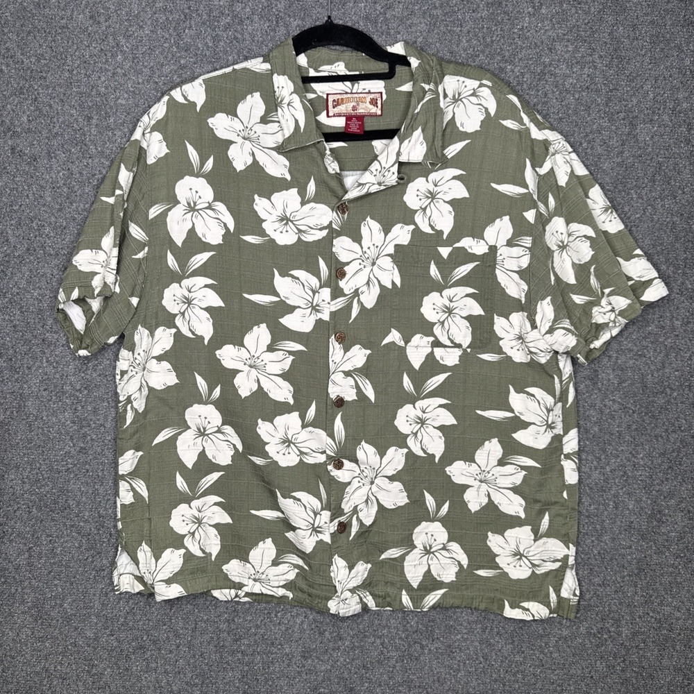 Caribbean Joe Mens XL Green White Floral Hawaiian Resort Camp Shirt Rayon Casual